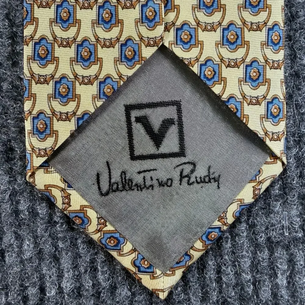 Valentino Rudy Italy Men’s 100% Silk Yellow Blue Brown Geometric Necktie